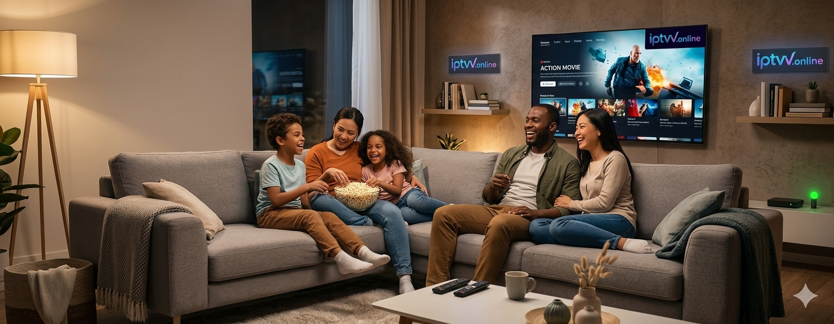Family watching iptvv.online IPTV on Smart TV — 25,000+ live channels Canada